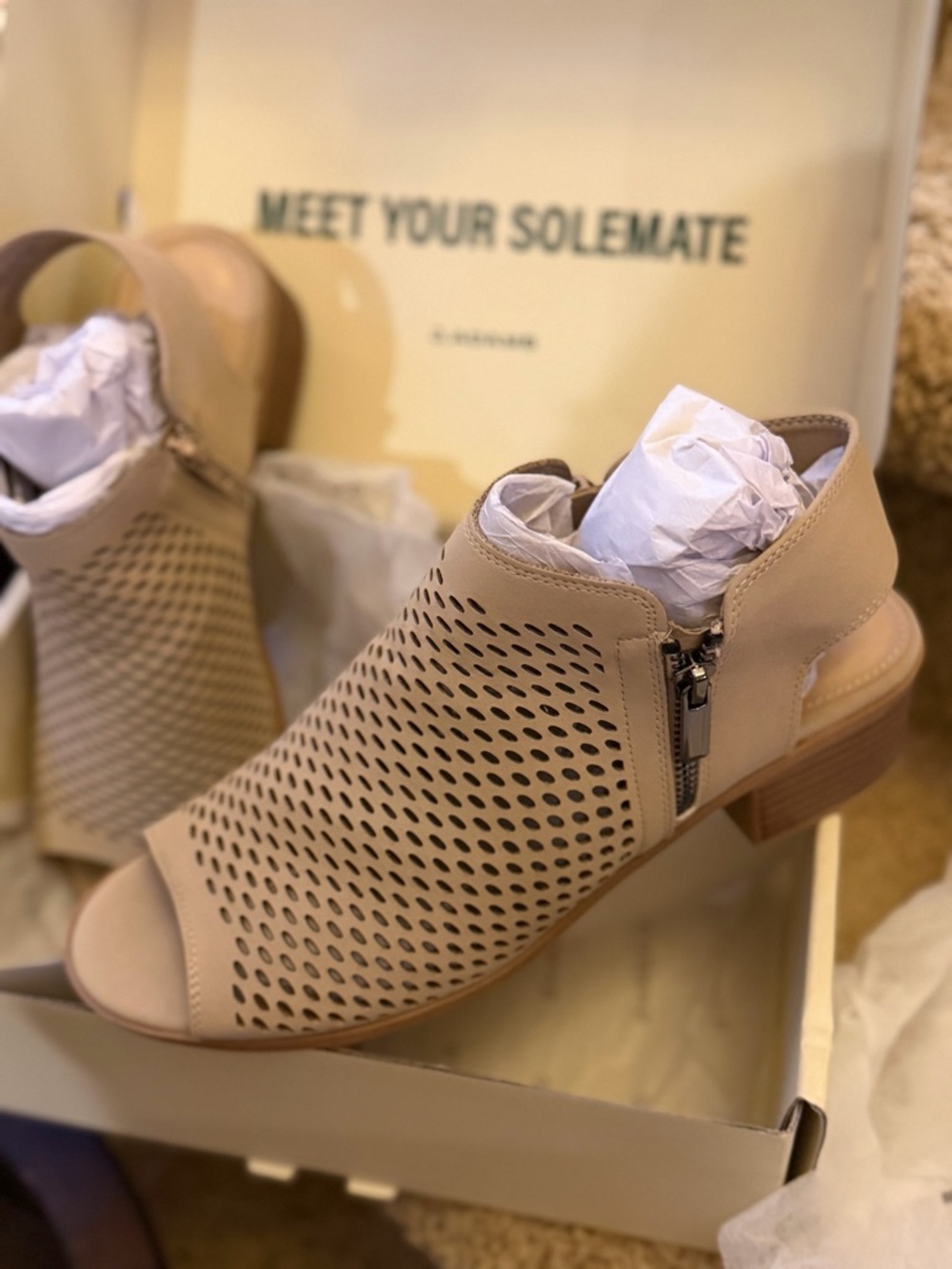 J. Adams Tracy Peep-Toe Sandal in Taupe with Side Zippers and 1.25” block heel